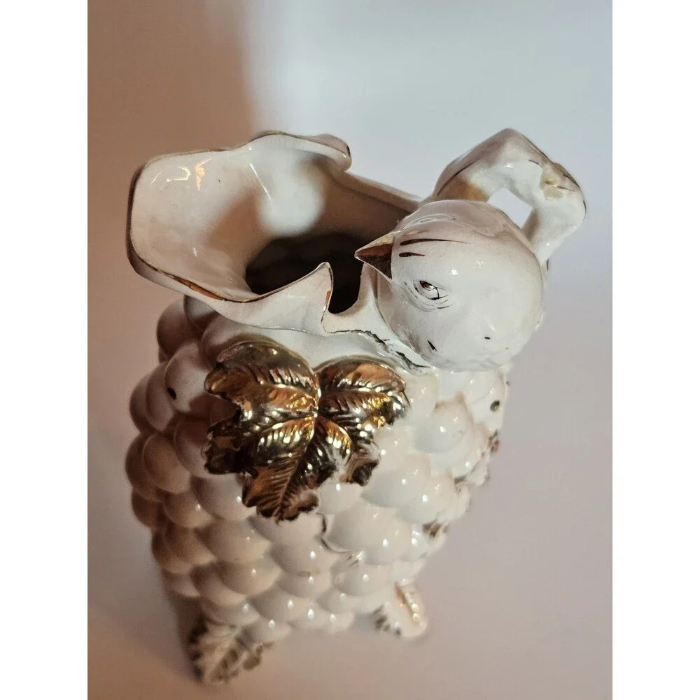 Vintage Gold White Tilso Japan Bird Grape Fruit Ceramic Pitcher Urn
